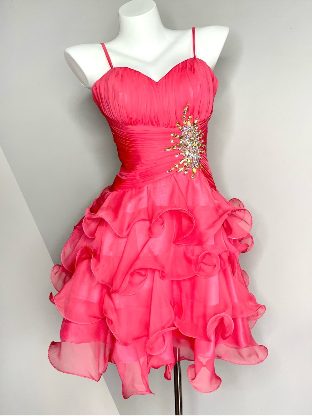 May Queen Couture Pink Ruffled Short Party Dress With Rhinestone Details